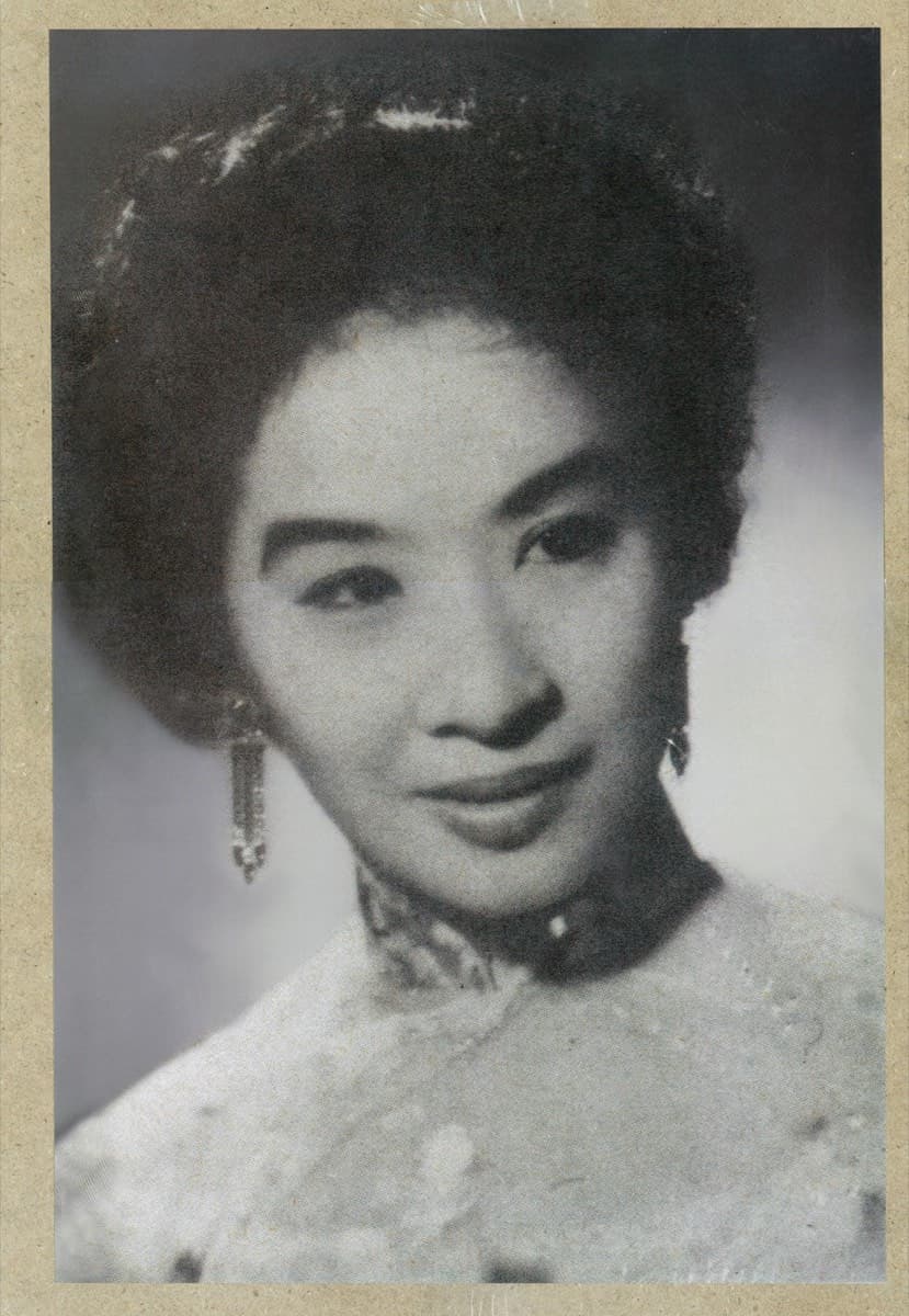 A studio portrait of Madame Hoa Ly in a pale ao dai, hair swept up, wearing drop earrings