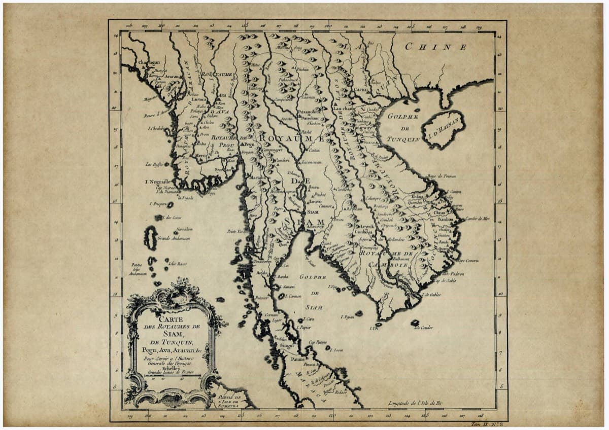 An eighteenth-century engraved French map of mainland Southeast Asia